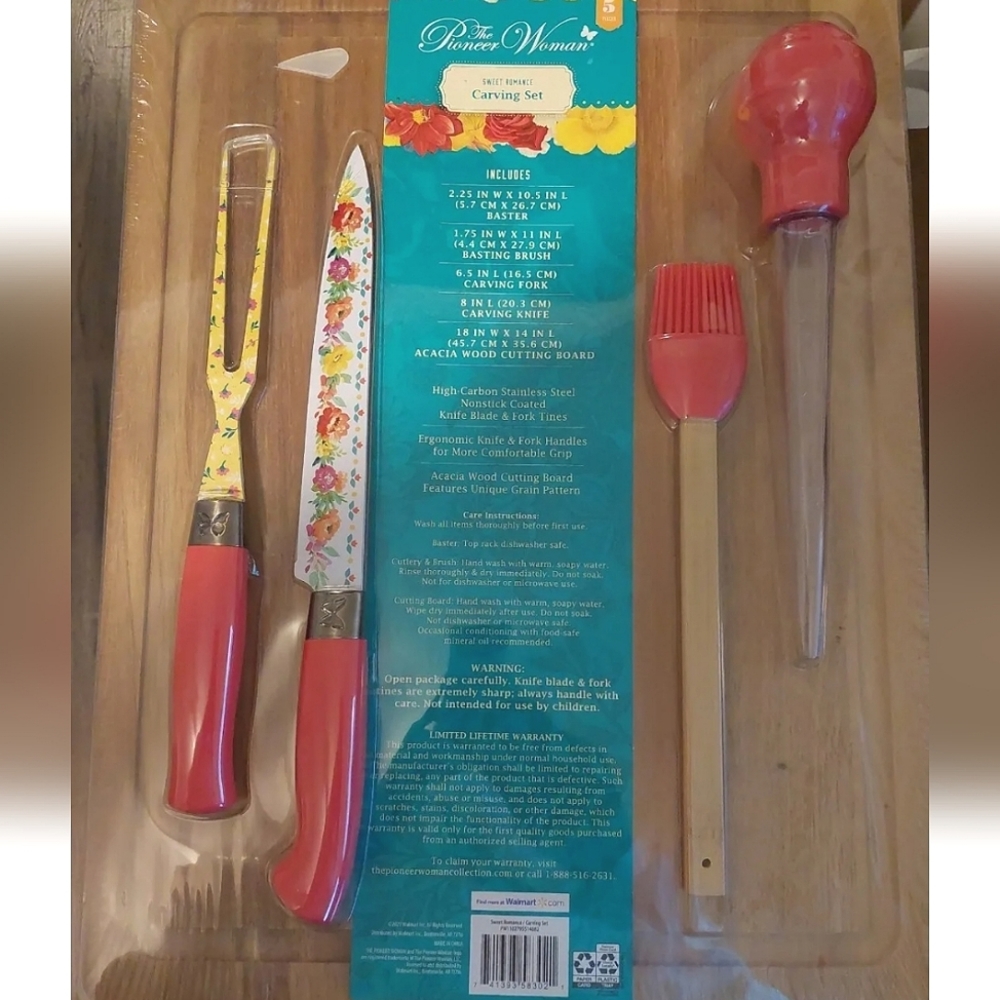 Pioneer Woman Sweet Romance Carving Set Includes 18X14 Wood Cutting Board & More